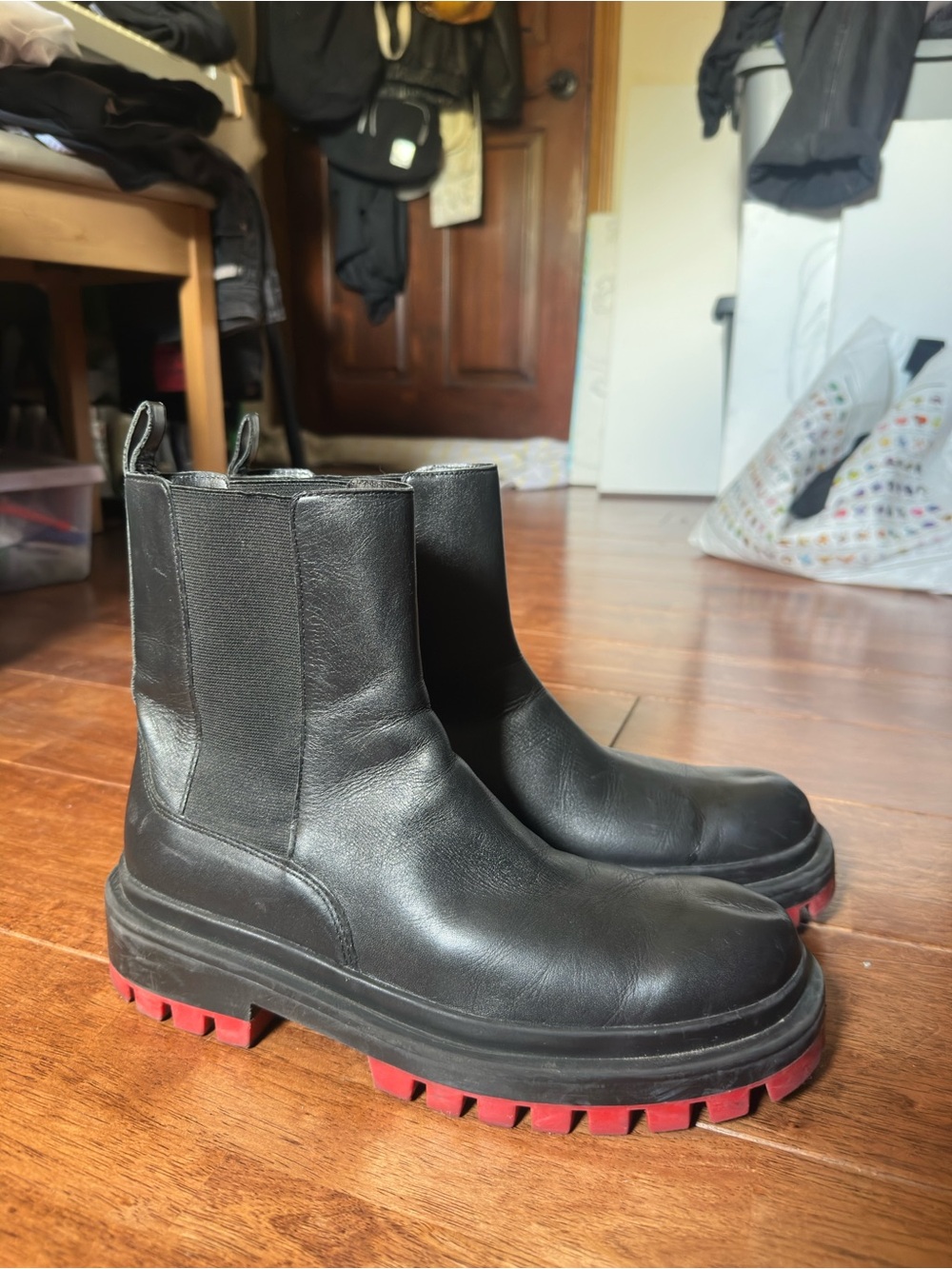 Zara Black Leather Chelsea Ankle Boots with Red Lug Sole